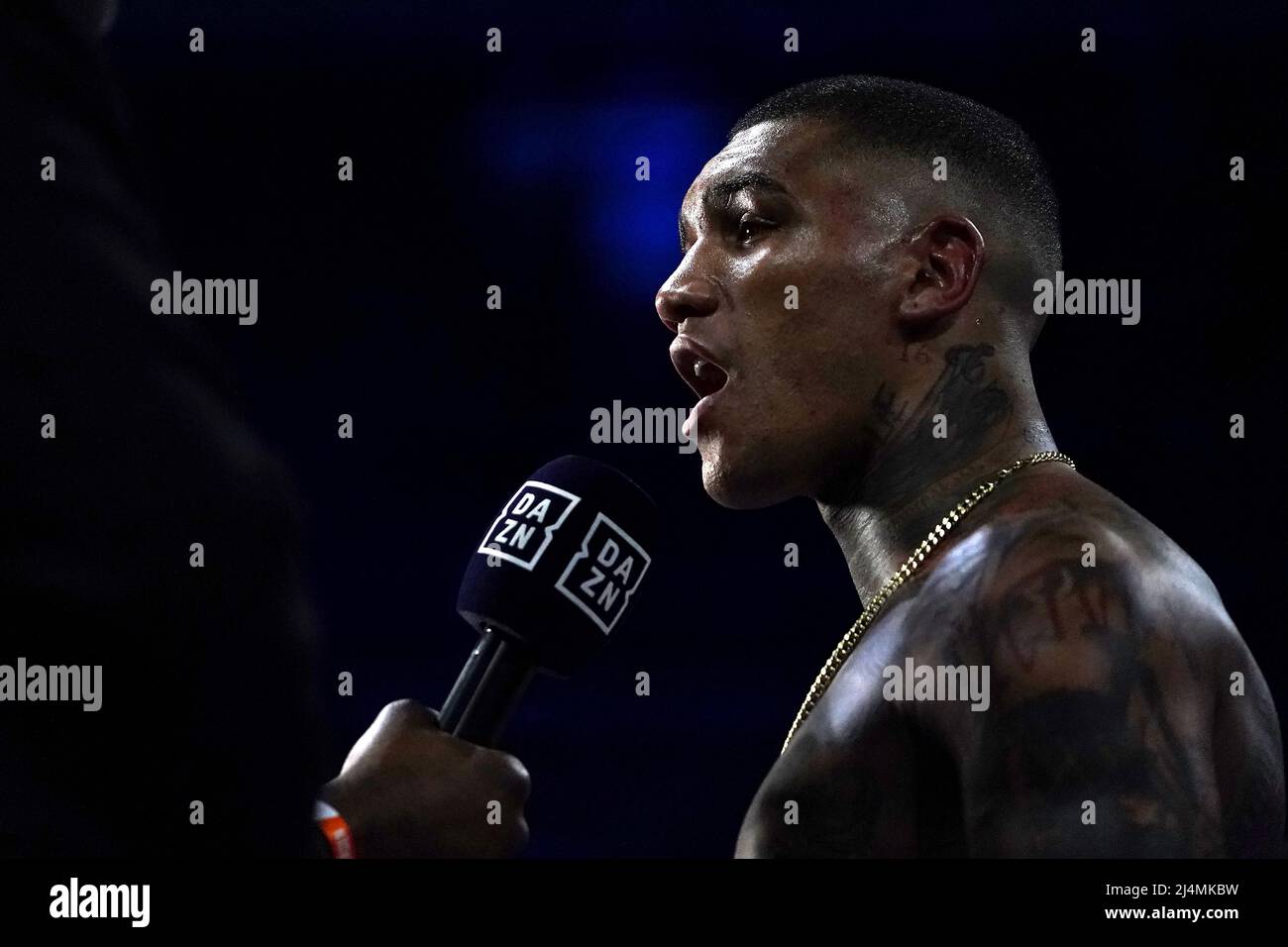 Conor Benn being interviewed after victory in the World Boxing Association Continental Welter Title bout against Chris van Heerden at the AO Arena, Manchester. Picture date: Saturday April 16, 2022. Stock Photo