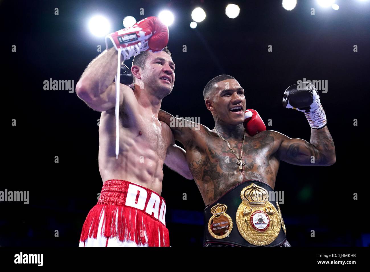 Conor Benn (right) celebrates victory against Chris van Heerden via KO after the World Boxing Association Continental Welter Title bout at the AO Arena, Manchester. Picture date: Saturday April 16, 2022. Stock Photo