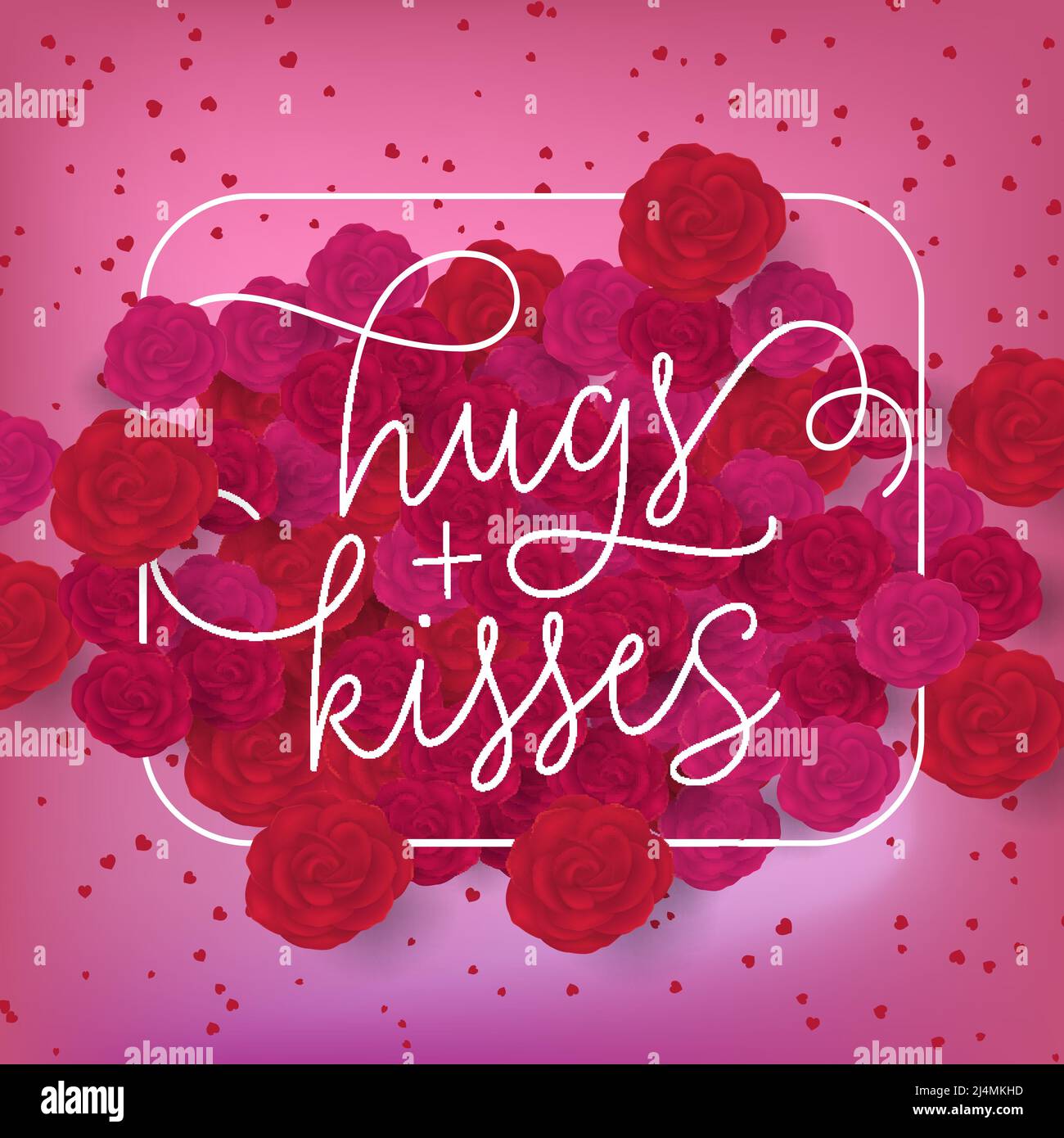 Hugs plus kisses lettering in frame. Inscription with roses on pink ...