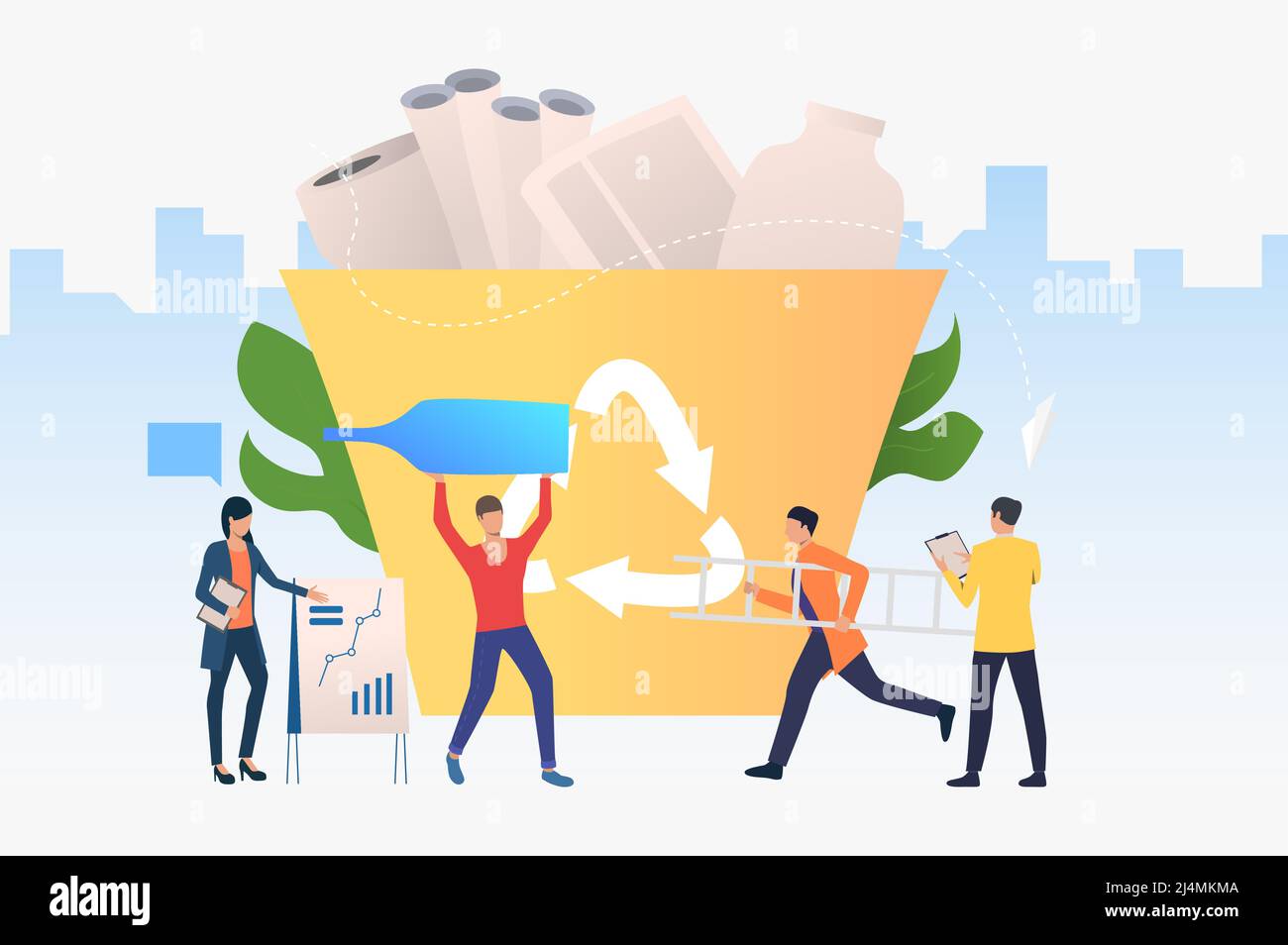 People putting rubbish into big recycling bin, statistics chart. Protection, solution, ecology concept. Vector illustration can be used for topics lik Stock Vector