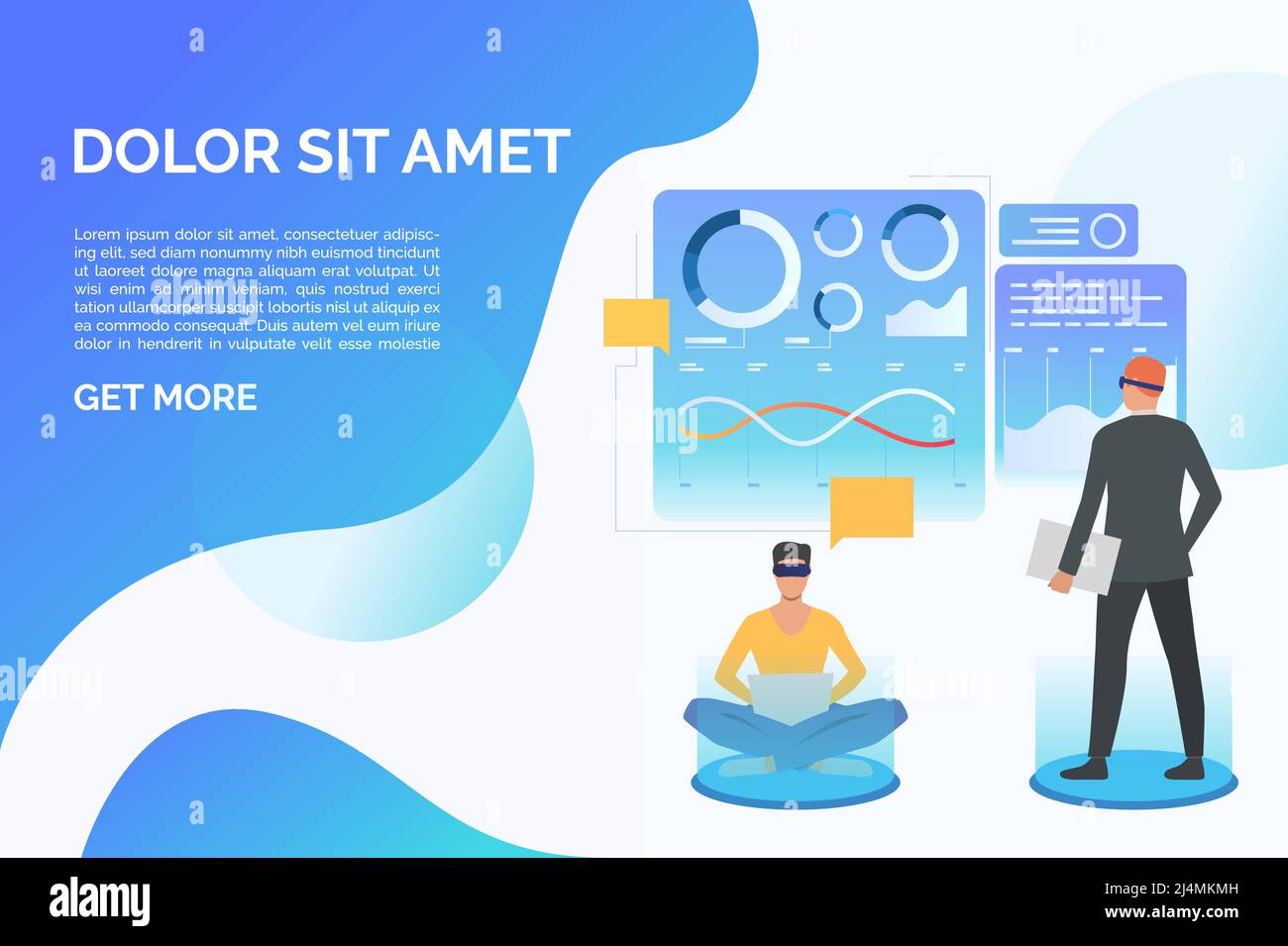 People wearing virtual reality glasses and working, sample text. Future, VR, cyberspace concept. Presentation slide template. Vector illustration for Stock Vector
