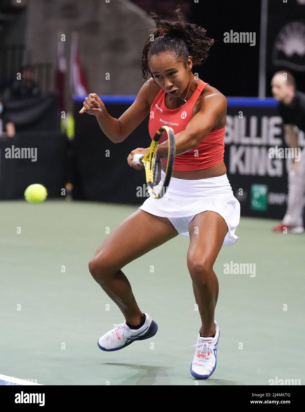 Canada's Leylah Annie Fernandez returns to Latvia's Darja Semenistaja  during a Billie Jean King Cup qualifier