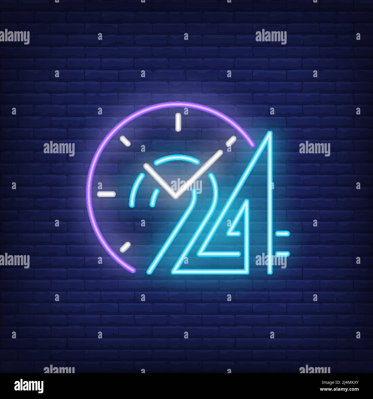 Clock and twenty four hours neon sign. Round clock service