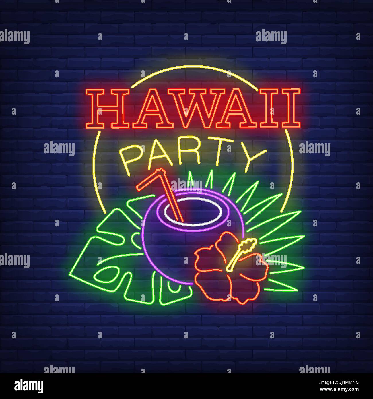 Hawaii Party neon text with coconut cocktail and tropical plants. Resort, tourism, vacation design. Night bright neon sign, colorful billboard, light Stock Vector