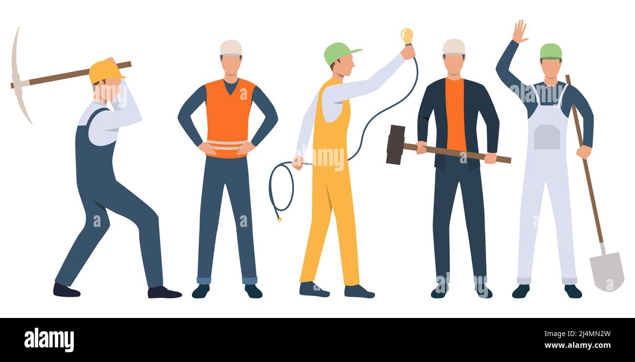 Set of builders, electrician and handymen working. Group of men wearing uniform and holding tools. Vector illustration for building work presentation Stock Vector