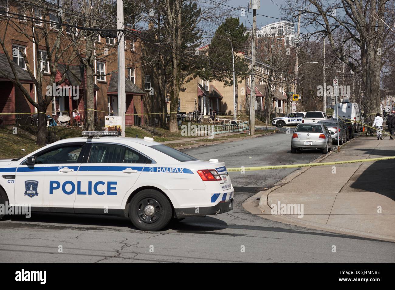 Halifax, Nova Scotia. April 16, 2022. Police car blocking Brunswick Avenue on scene of homicide Stock Photo