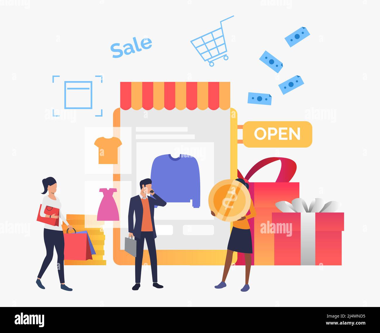 People buying clothes in online shop. Purchase, shop, retail, sale concept. Vector illustration can be used for topics like business, shopping, market Stock Vector