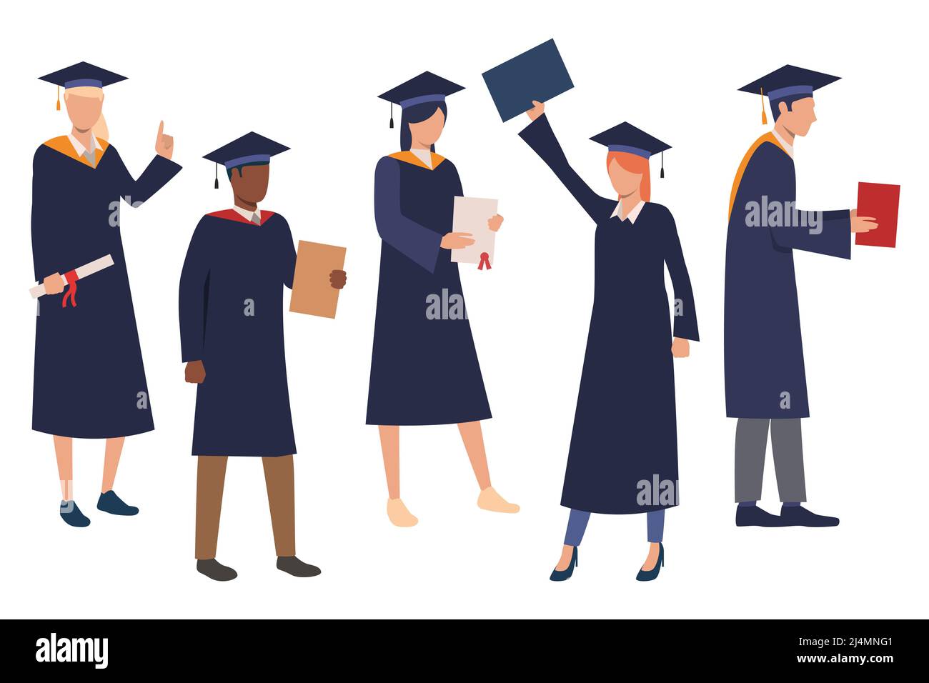 Collection of graduating students. Flat cartoon characters wearing