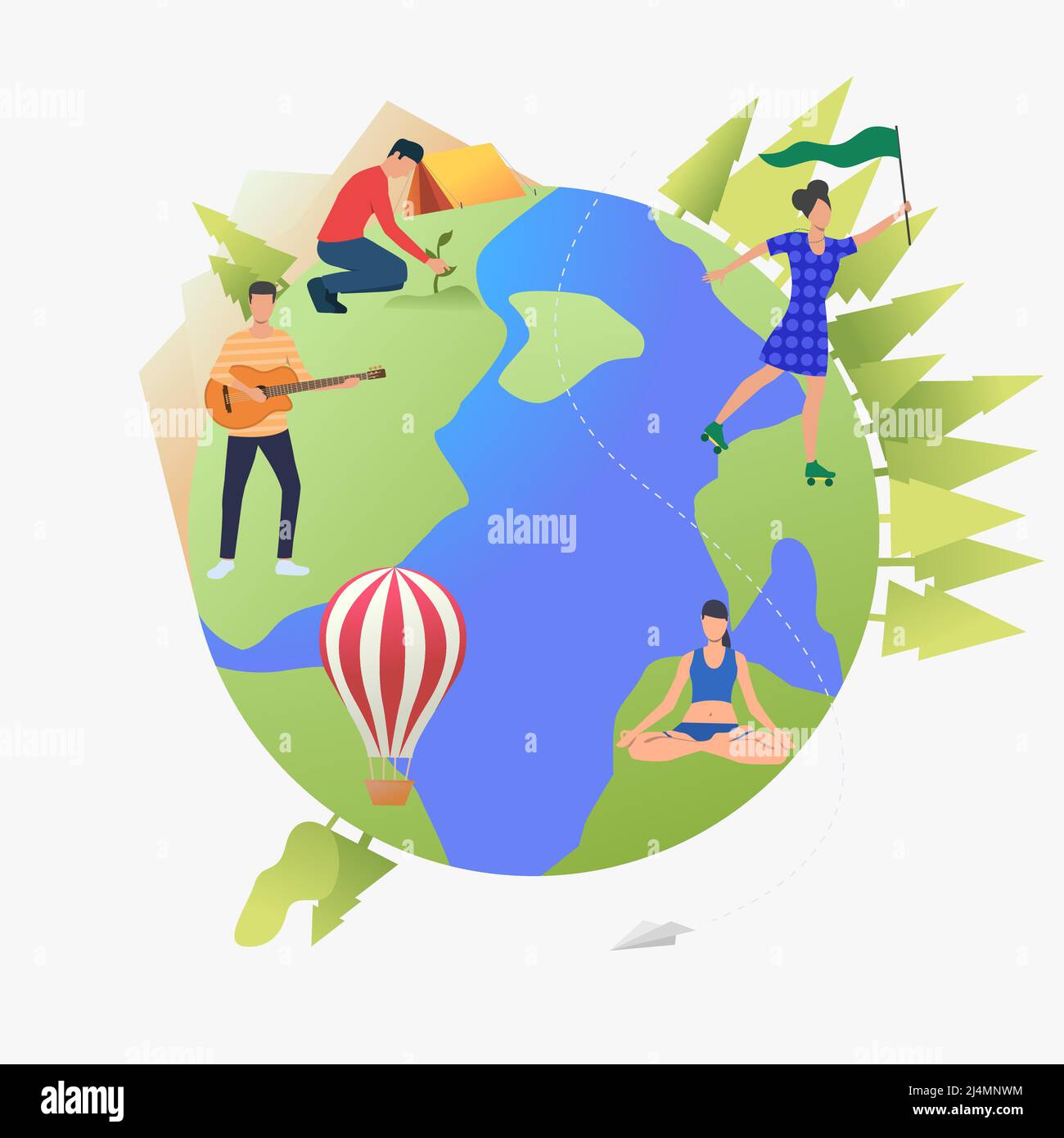 People roller skating, meditating and playing guitar on Earth globe. Lifestyle, leisure, activity, sport concept. Vector illustration can be used for Stock Vector