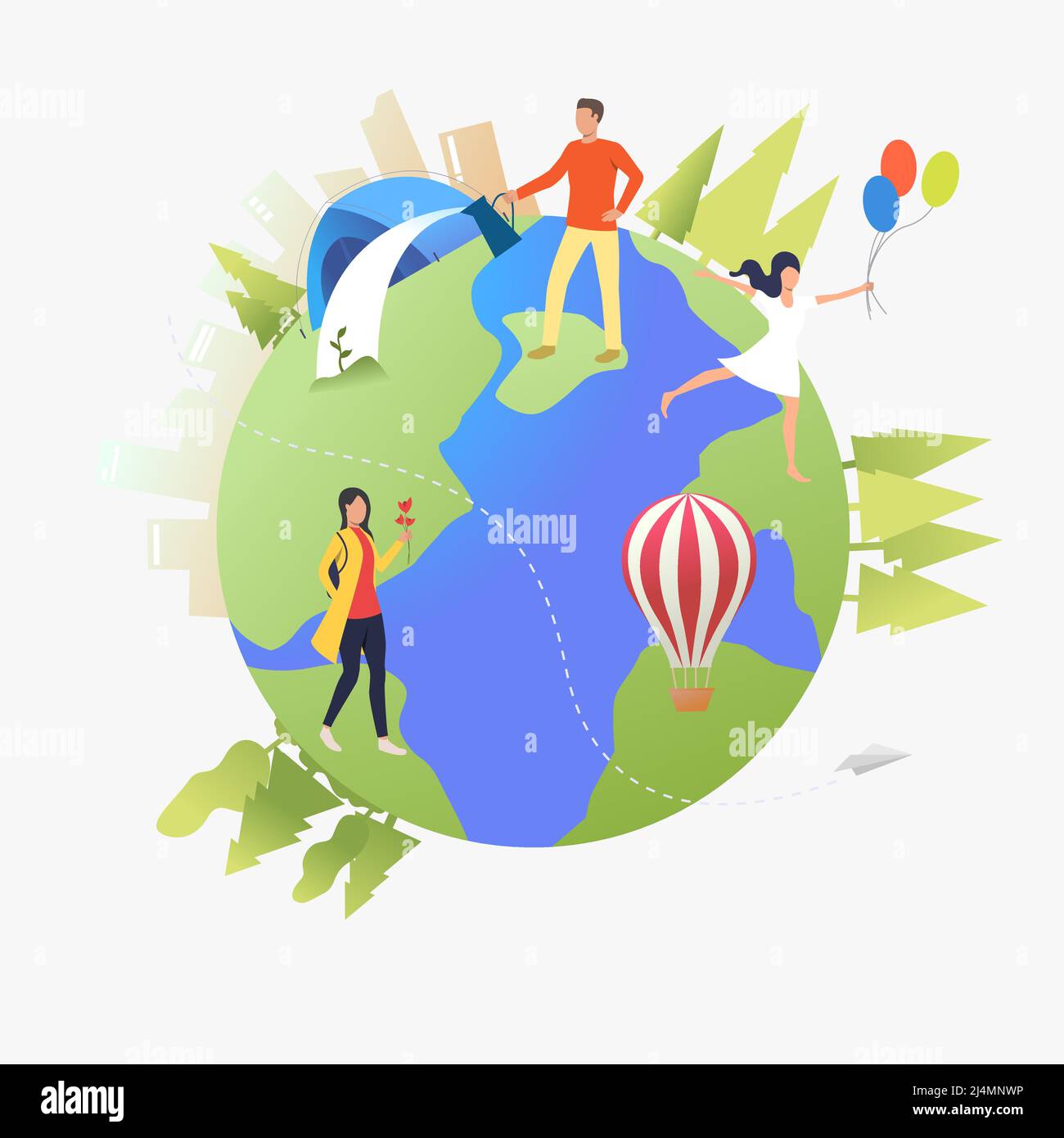 People walking, watering plants and camping on Earth globe. Lifestyle, leisure, activity concept. Vector illustration can be used for topics like vaca Stock Vector