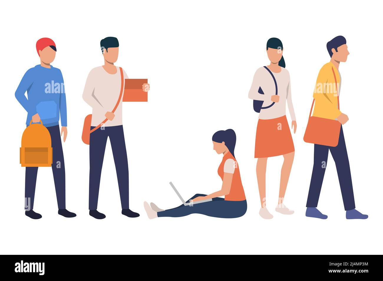 Collection of modern college students with bags. Group of young people in casual outfits. Vector illustration for high school, presentation, studying Stock Vector