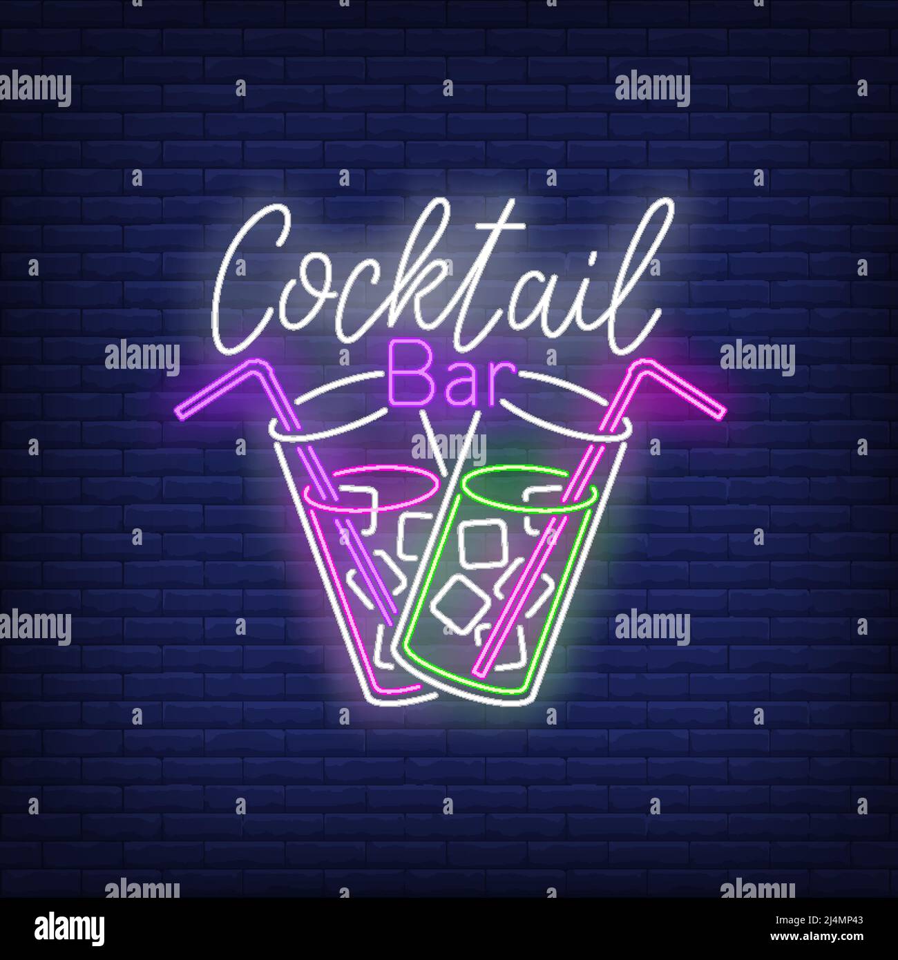 Cocktail bar neon text, two drink glasses, straws and ice cubes ...