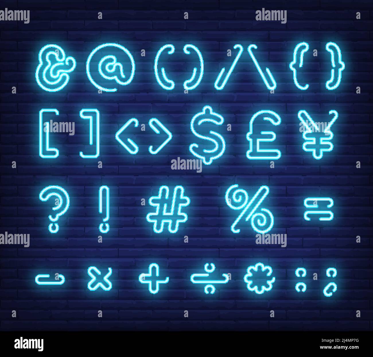 Blue text symbols neon sign. Glowing numbers and symbols on brick wall background. Vector illustration can be used for computer, telephone, messages, Stock Vector