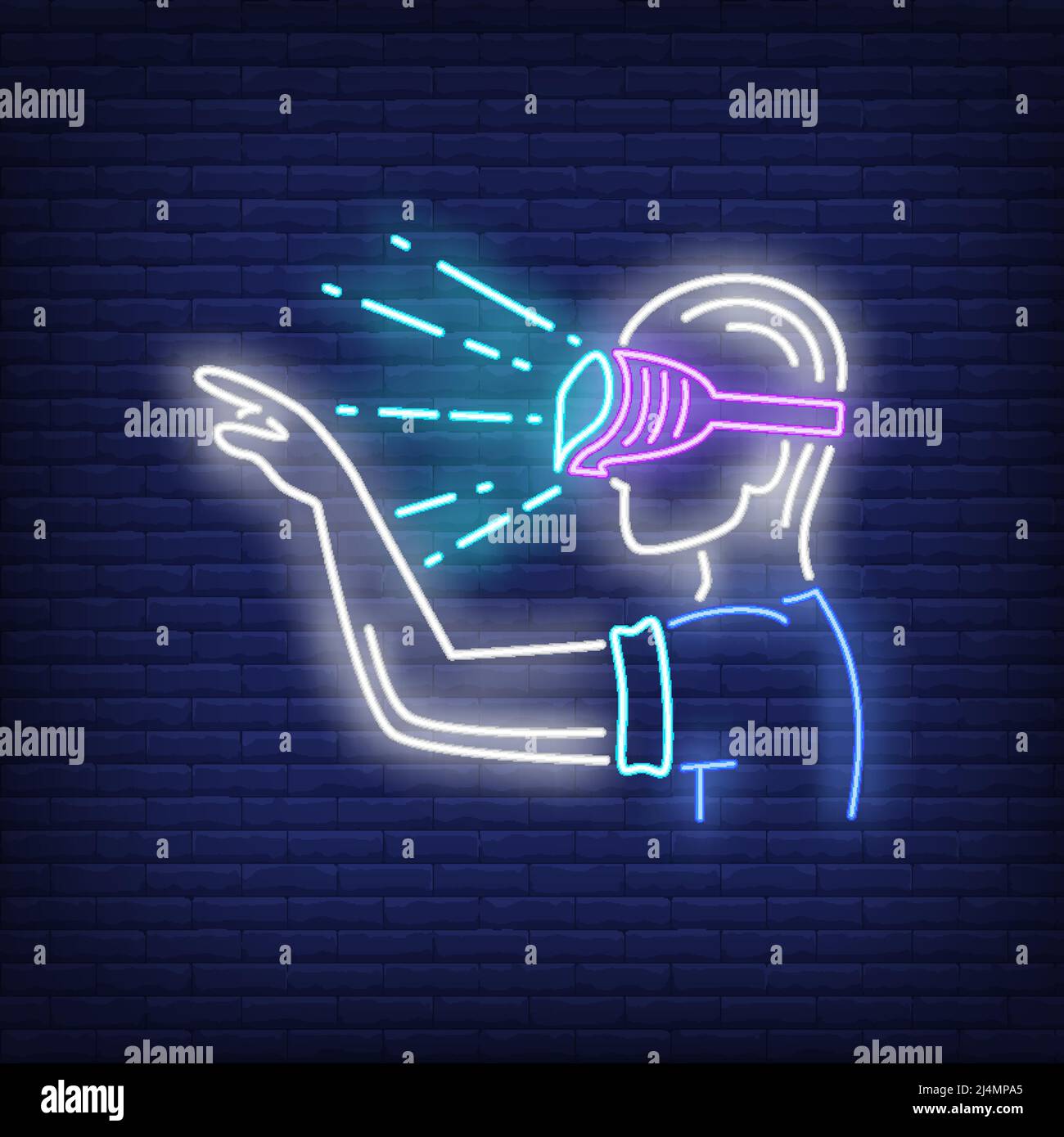 Guy wearing VR goggles neon sign. Man in VR glasses pointing finger on brick wall background. Vector illustration in neon style for billboards, banner Stock Vector