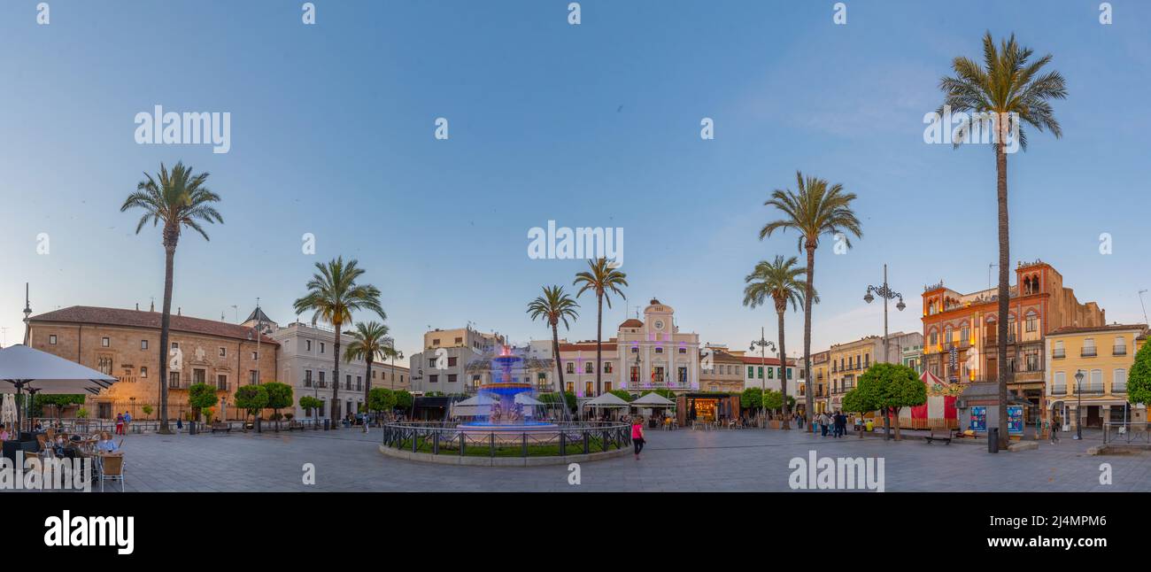 Merida, Spain, May 19, 2021: Sunset over town hall viewed through Plaza ...