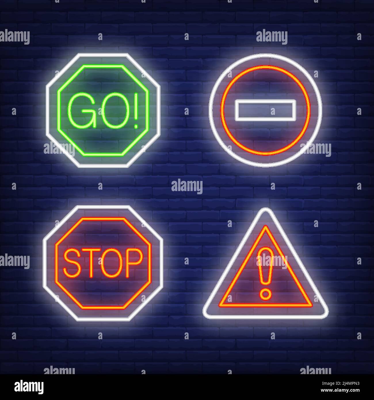 Exclamation mark, go and stop traffic neon signs set. Road signs or