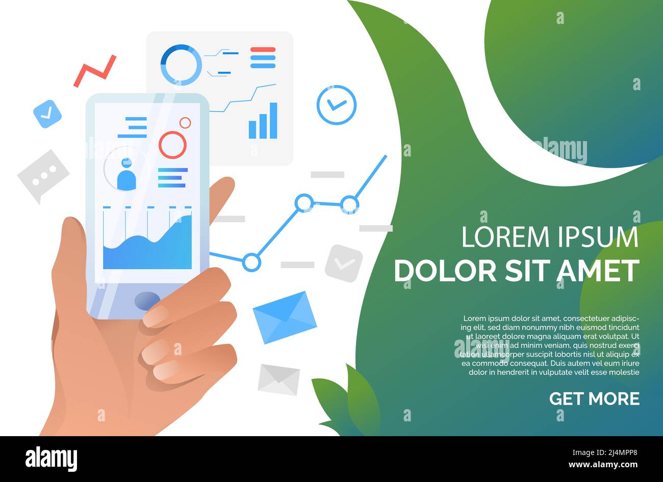 Person using financial analysis application on smartphone. Chart, data, analytics, technology concept. Presentation slide template. Vector illustratio Stock Vector