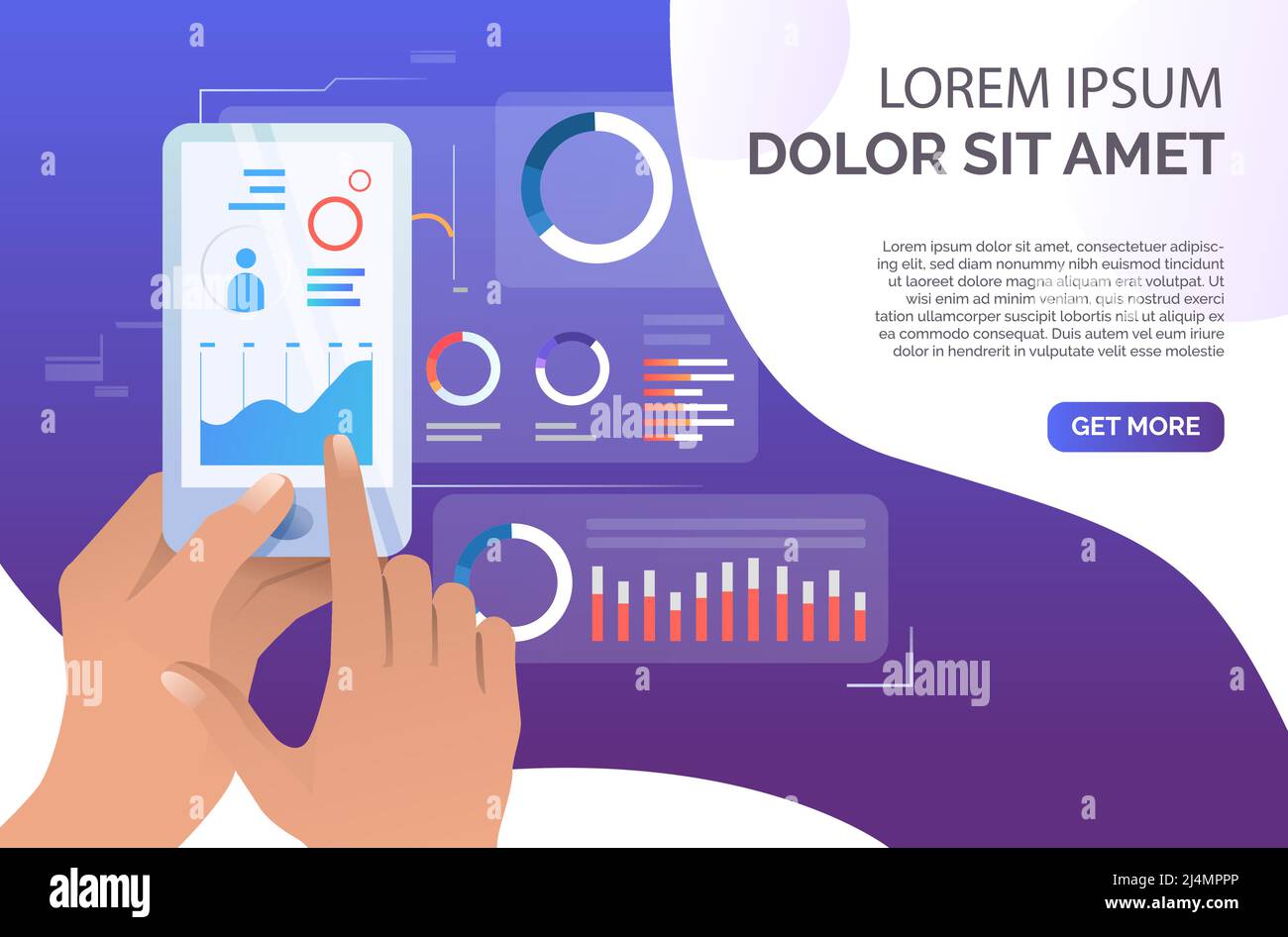 Person using financial data analysis application on smartphone. Chart, data, analytics, technology concept. Presentation slide template. Vector illust Stock Vector
