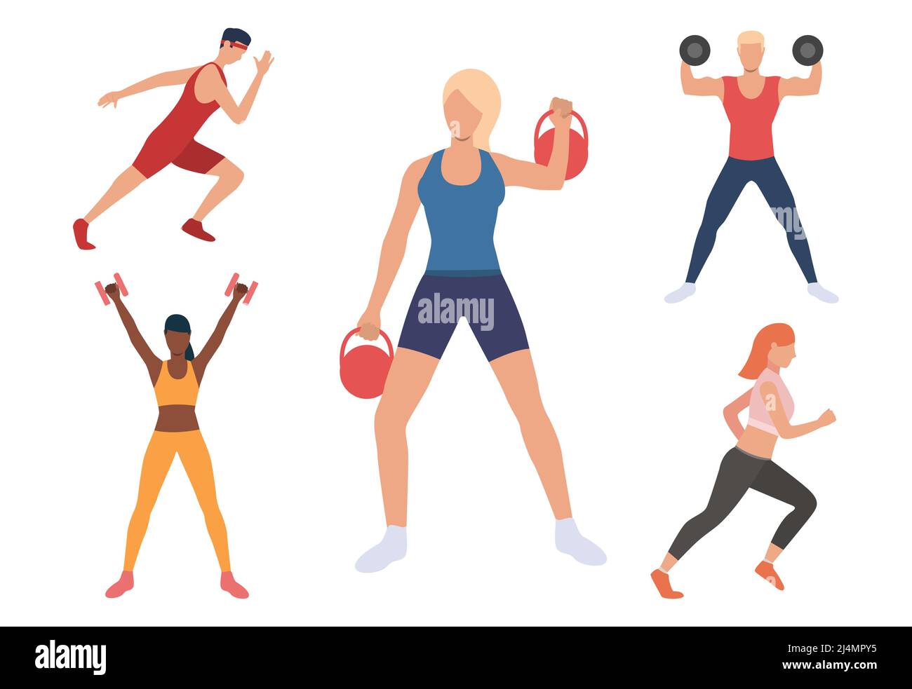 Set of men and women exercising in gym. People lifting weight, training