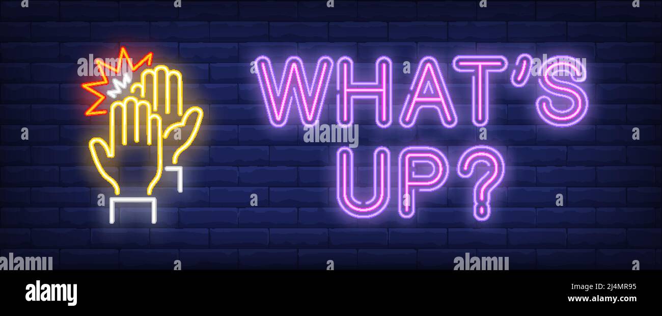 Whats up neon sign. High five gesture on brick wall background. Vector illustration in neon style for banners, signboards, flyers Stock Vector