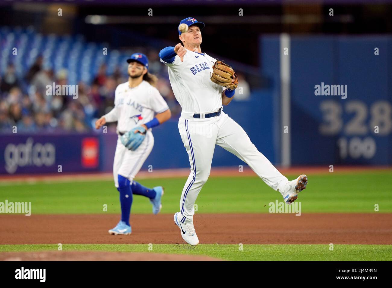 April 17, 2022, TORONTO, ON, CANADA: Toronto Blue Jays third baseman Matt  Chapman (26) returns to third base as he is caught in a rundown during the  fifth inning of MLB baseball