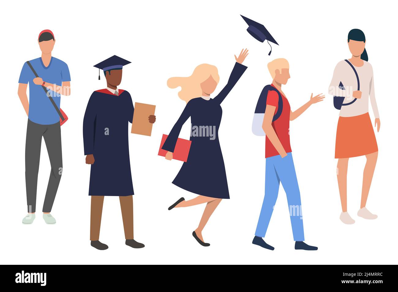 Collection of students celebrating graduation. Flat cartoon characters getting degree. Vector illustration can be used for leaflet, presentation, adve Stock Vector