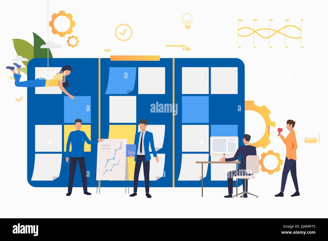 Employees working on project. Kanban board, presentation, computer, megaphone. Business concept. Vector illustration can be used for topics like agile Stock Vector