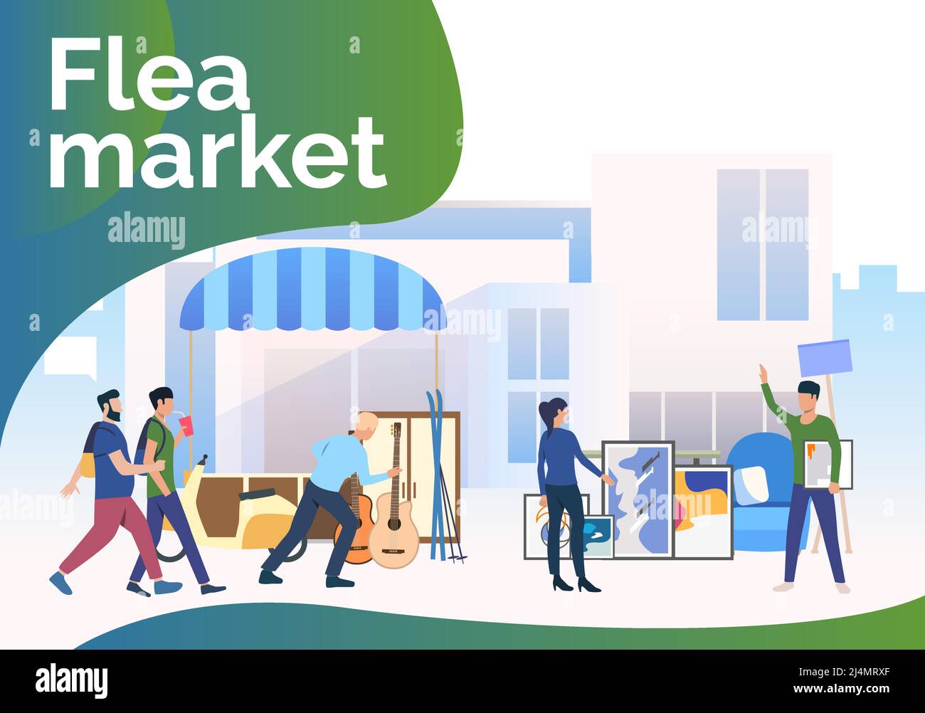 Flea market lettering, people walking and shopping outdoors. Buying ...