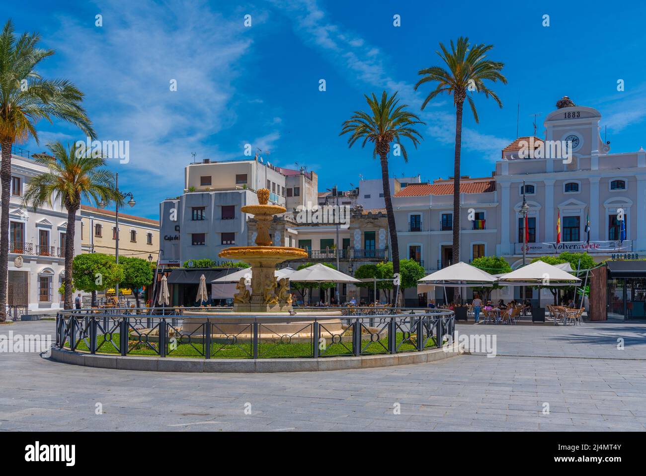 Merida, Spain, May 20, 2021: Town hall viewed through Plaza de Espana ...