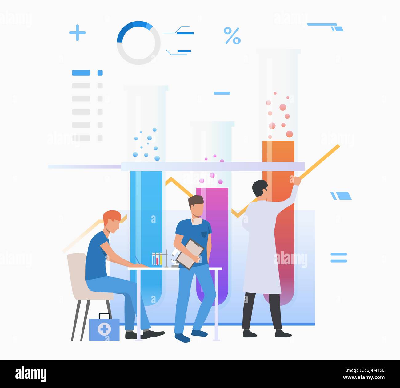 Laboratory assistants drawing graph and working with tubes vector