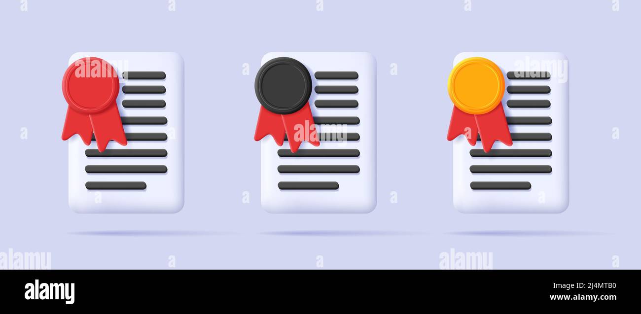 Set of digital icons of a document with stamp, 3d icon Stock Vector