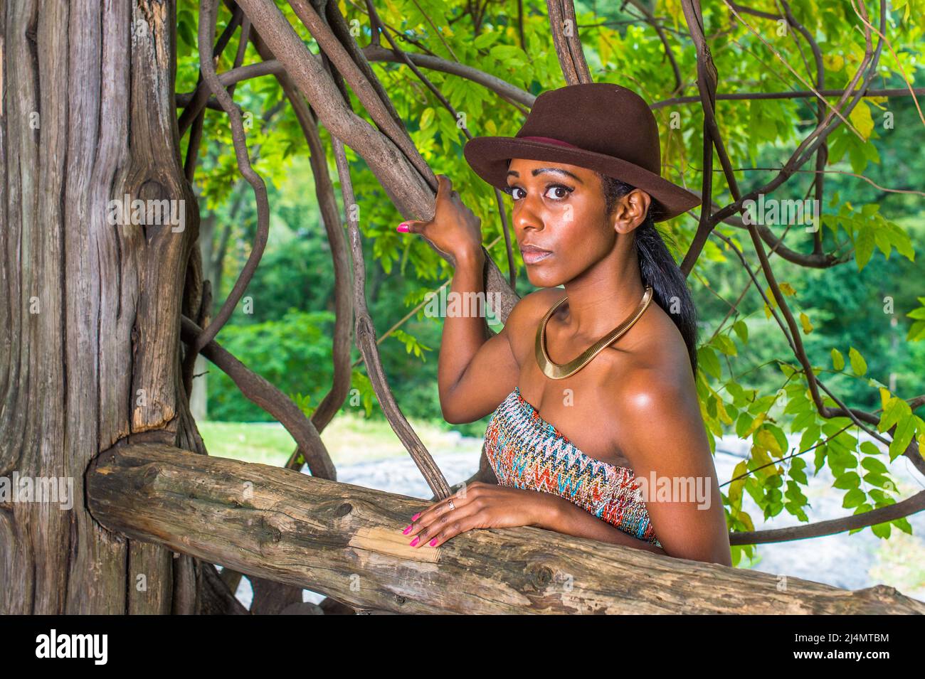 Wearing a brown outback hat,a golden neck ring,  a pretty black woman is standing outside in a small woods, looking at you. Stock Photo