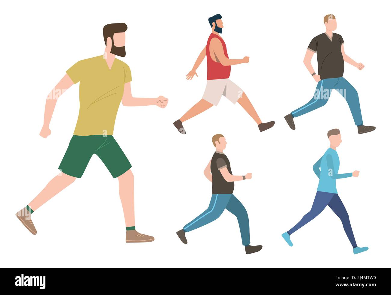 Set of male keeping active lifestyle. Well built and fat men walking and running. Fitness concept. Vector illustration can be used for topics like car Stock Vector
