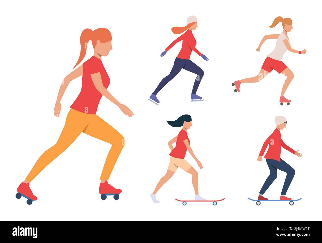 Set of skating activities. Girls and guy skateboarding, roller skating