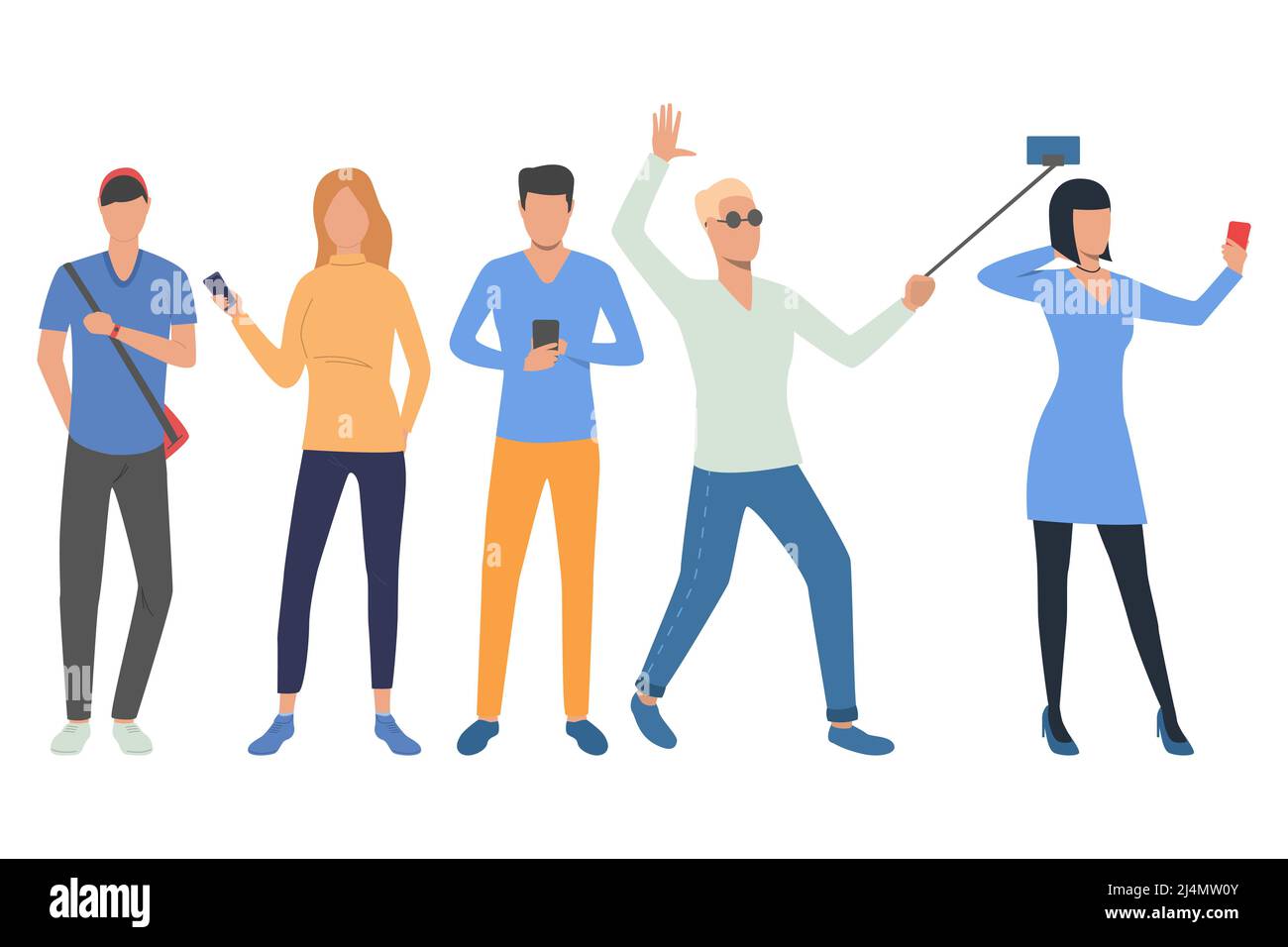 Set of smartphone users. Young men and women using mobile phones or ...