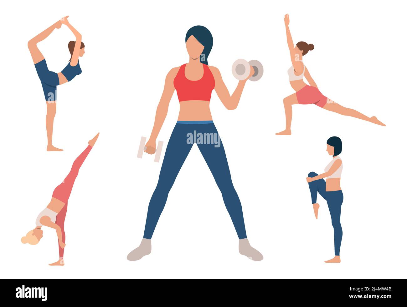 Set of women training body. Girls doing yoga and lifting dumbbells