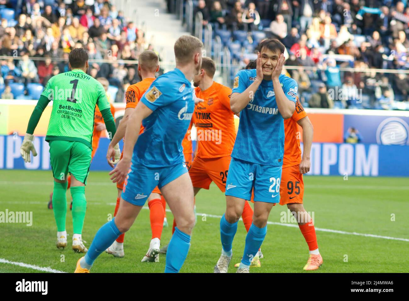 Saint Petersburg, Russia. 16th Apr, 2022. Nyraly Alip (No.28), Dmitri Chistyakov (No.2) of Zenit, Ilya Pomazun (No.1) of Ural celebrate a goal during the Russian Premier League football match between Zenit Saint Petersburg and Ural Yekaterinburg at Gazprom Arena. Final score; Zenit 3:1 Ural. Credit: SOPA Images Limited/Alamy Live News Stock Photo