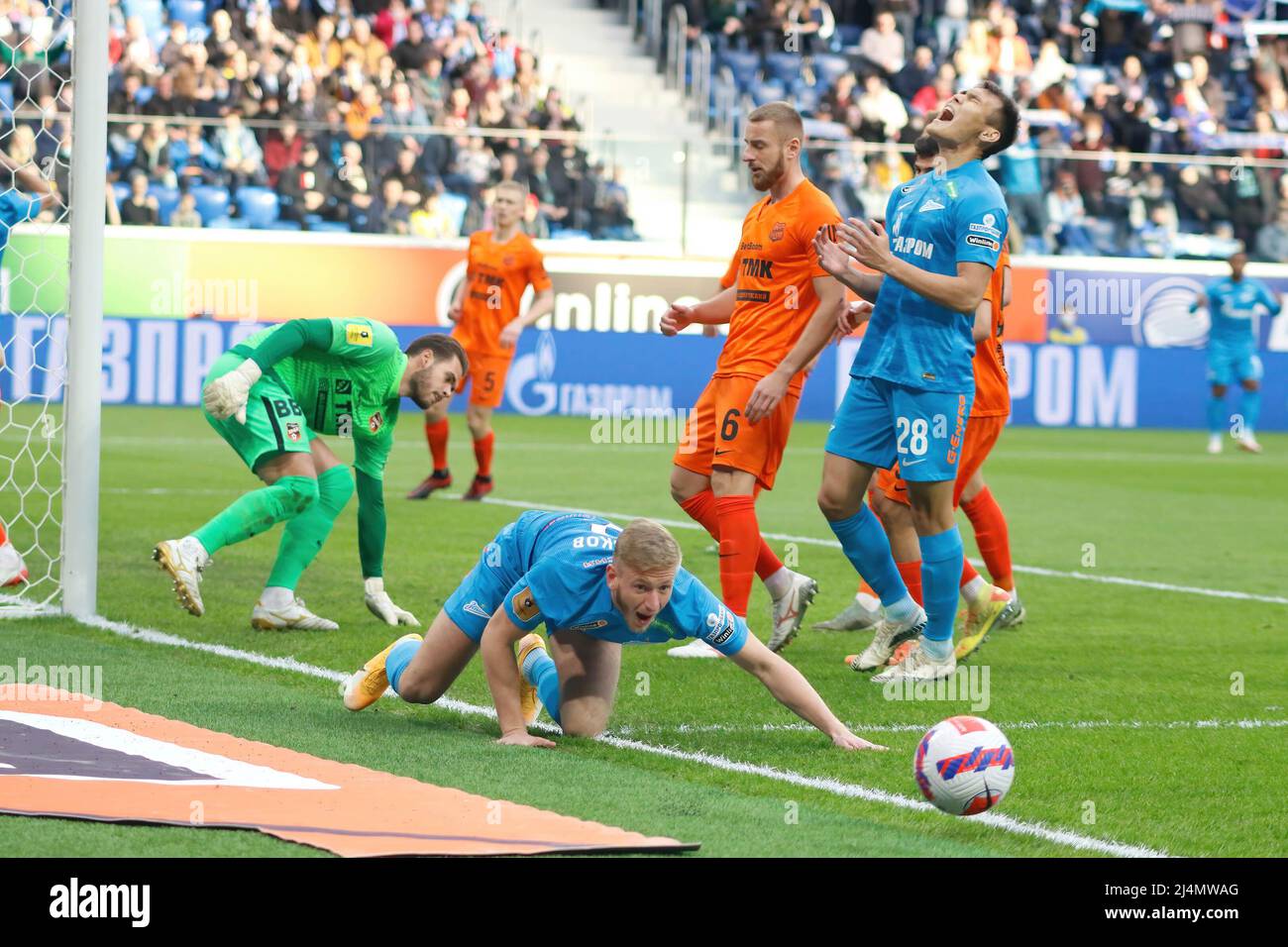 Saint Petersburg, Russia. 16th Apr, 2022. Nyraly Alip (No.28), Dmitri Chistyakov (No.2) of Zenit, Ilya Pomazun (No.1) of Ural celebrate a goal during the Russian Premier League football match between Zenit Saint Petersburg and Ural Yekaterinburg at Gazprom Arena. Final score; Zenit 3:1 Ural. Credit: SOPA Images Limited/Alamy Live News Stock Photo