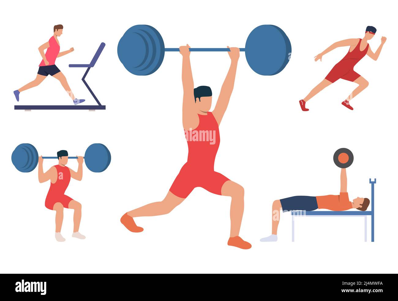 Set of men training body. Male lifting weights and running. Sport