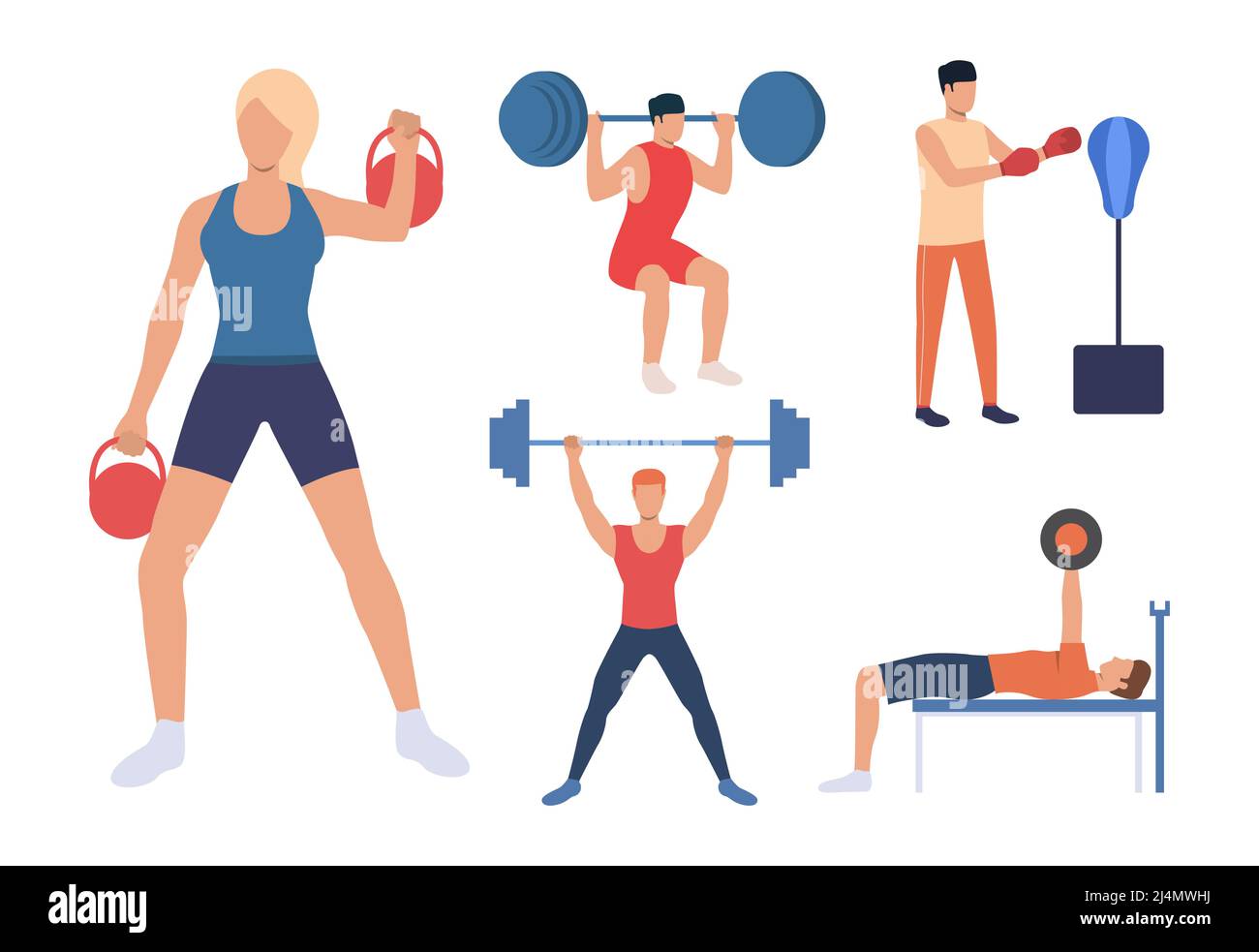 Set of strength training. Men and women lifting weights, pressing