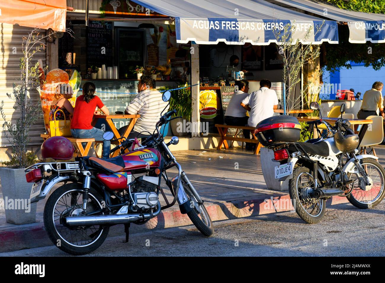 Sidewalk terrace of a cafe in La Ermita neighborhood, Merida Mexico Stock Photo