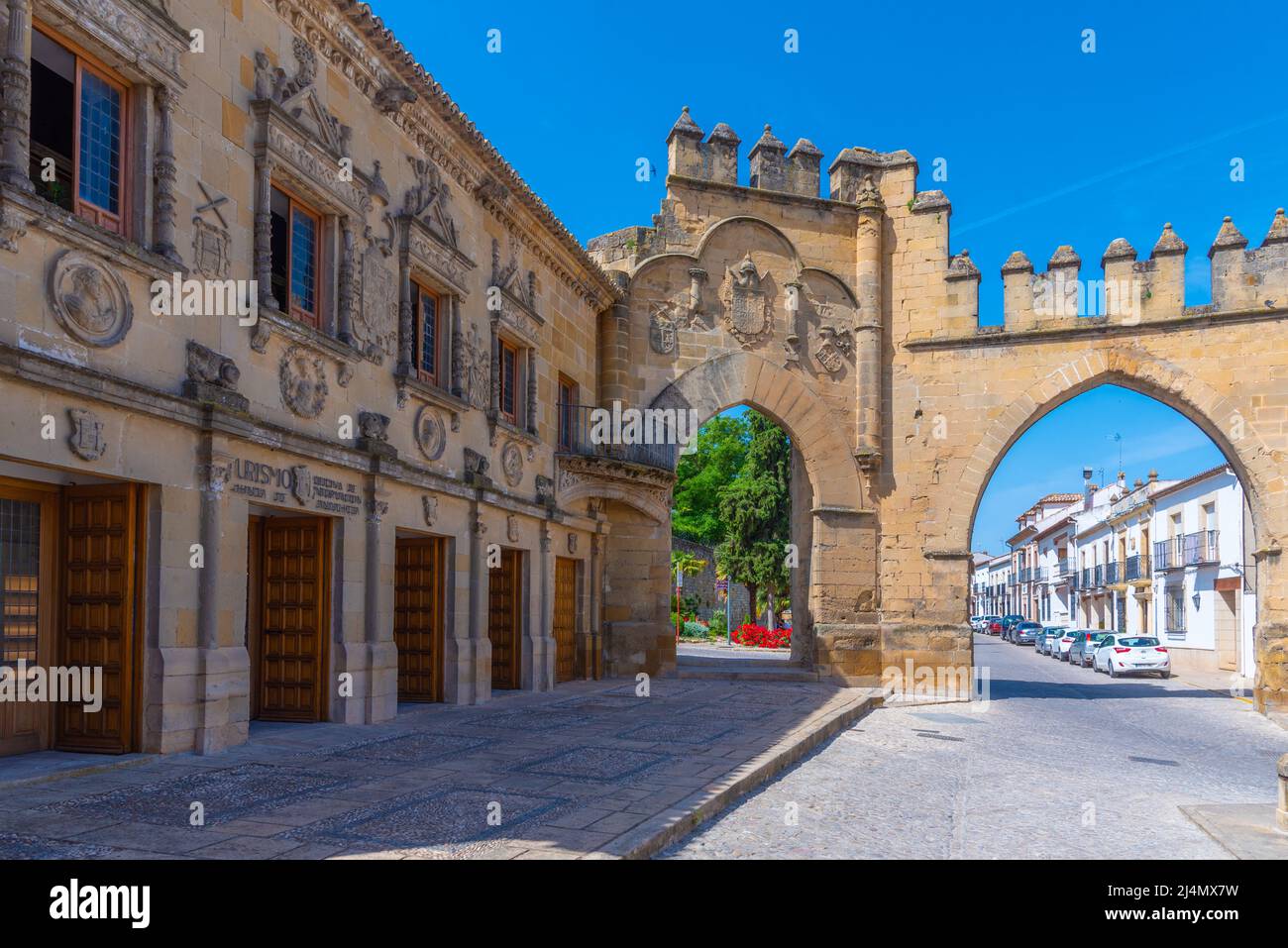 Baeza, Spain, May 26, 2021: Jaen gate and Villalar arch at Spanish town Baeza Stock Photo