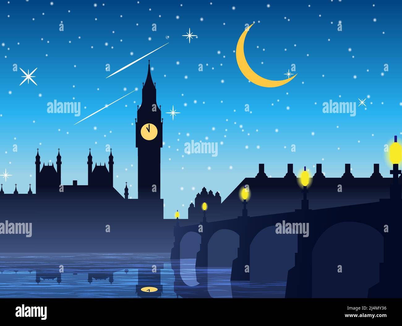 Big Ben clock famous landmark of England London,night scene,silhouette style,vector illustration Stock Vector