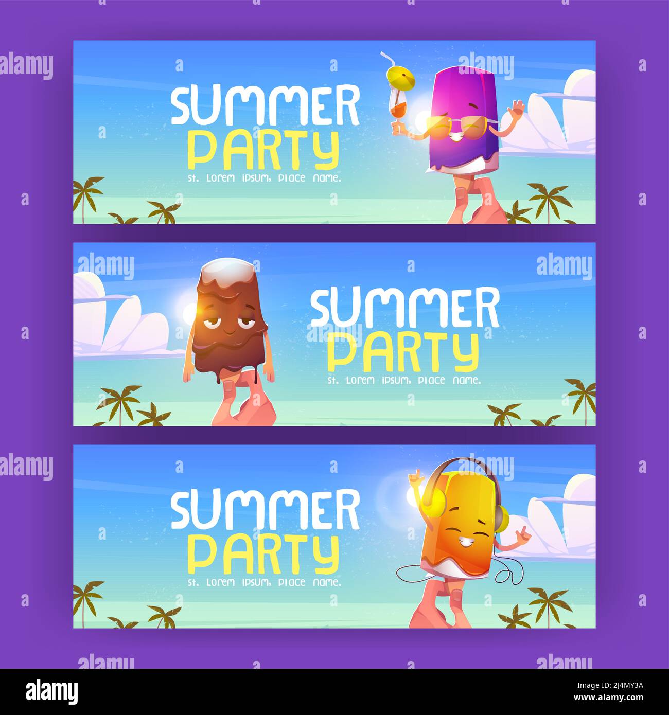 Summer party flyers with cute ice cream on beach. Vector posters with cartoon illustration with hand holding popsicle. Chocolate icecream on stick mel Stock Vector