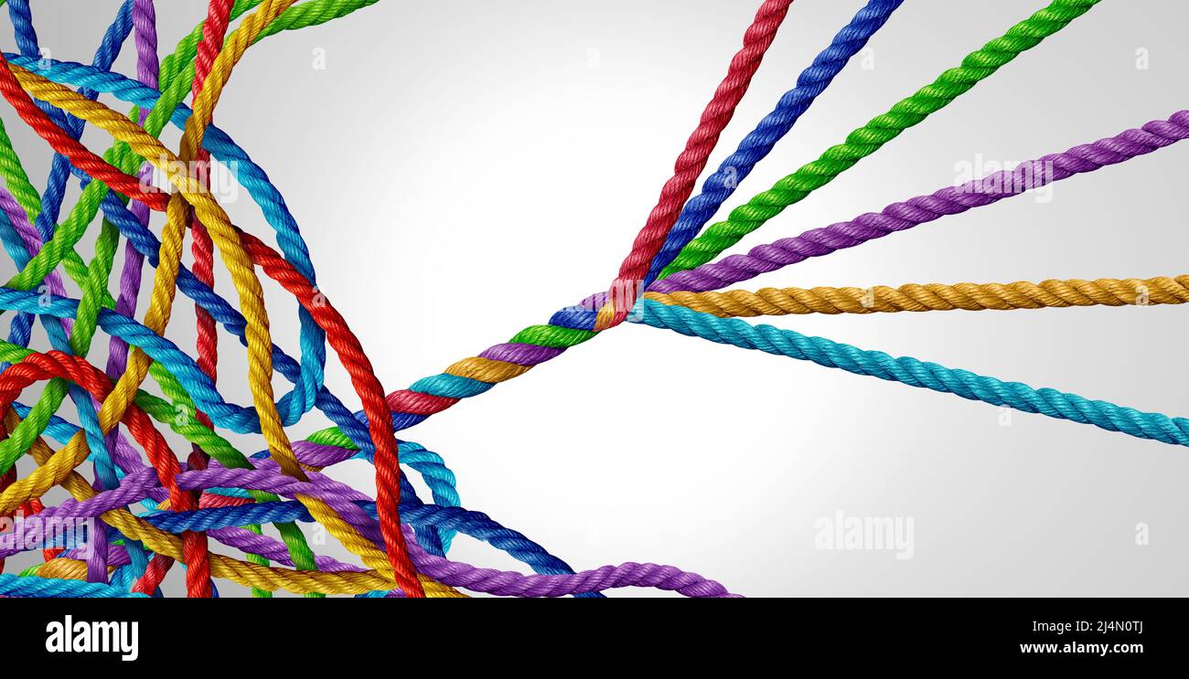 Concept of organizing from mismanagement to managed success as a tangled group of ropes with another team of organized ropes succeeding. Stock Photo