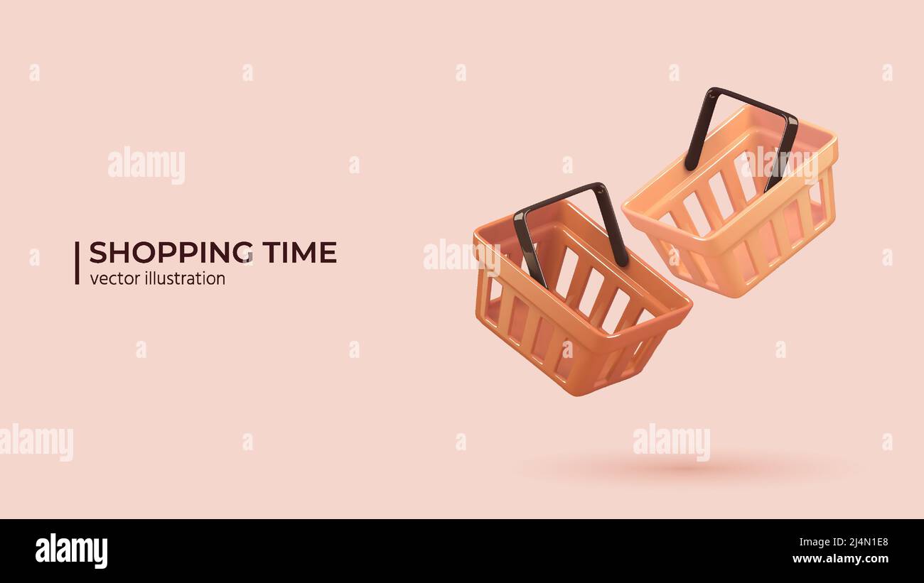 3d realistic plastic shopping cart. Empty shopping baskets on pink background in cartoon minimal style. Vector illustration Stock Vector