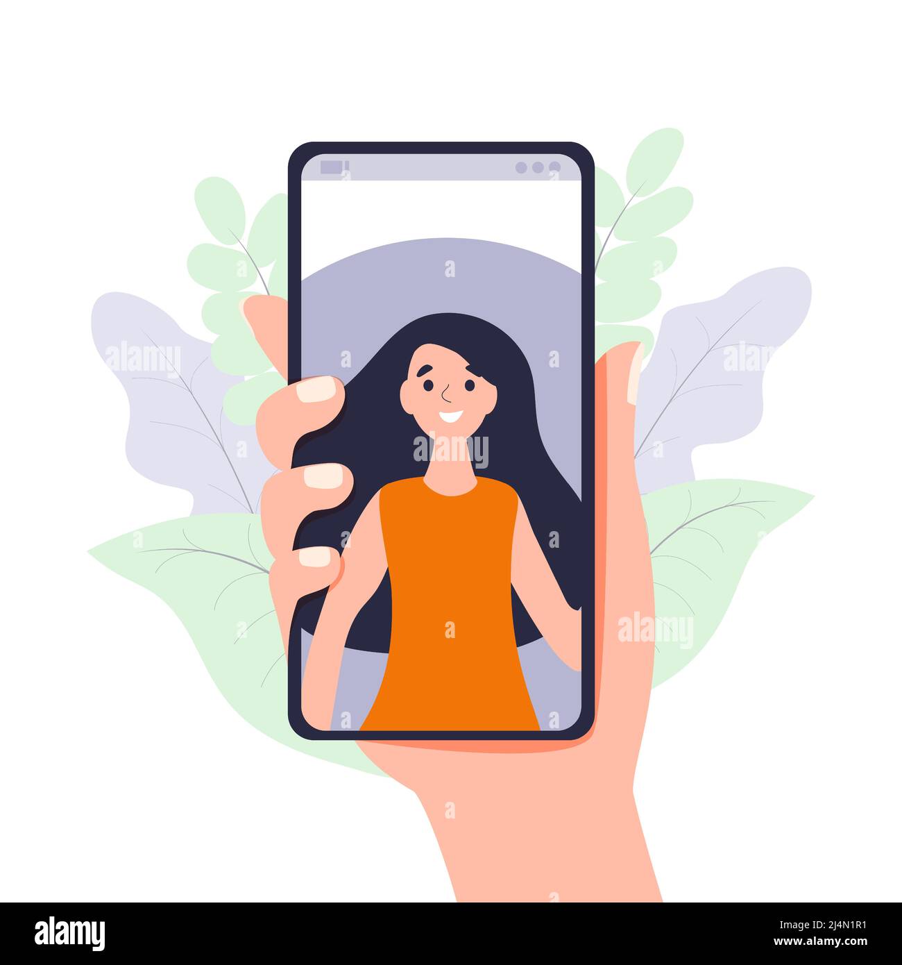 Video call between friends, chatting online by mobile app. Stay at home,  work, communication remotely. Hand holding smartphone. Group of people on  device screen. Internet messenger vector illustration Stock Vector