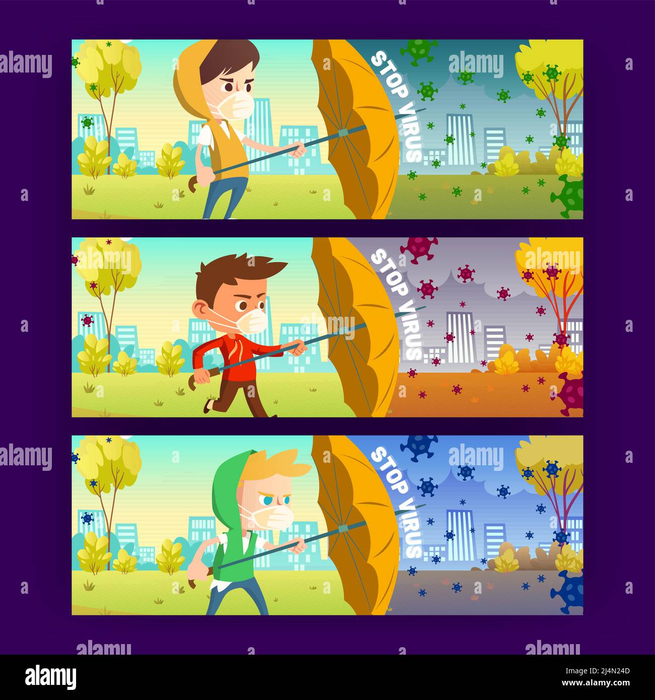 Stop virus cartoon banners, little boys wear medical mask staying with