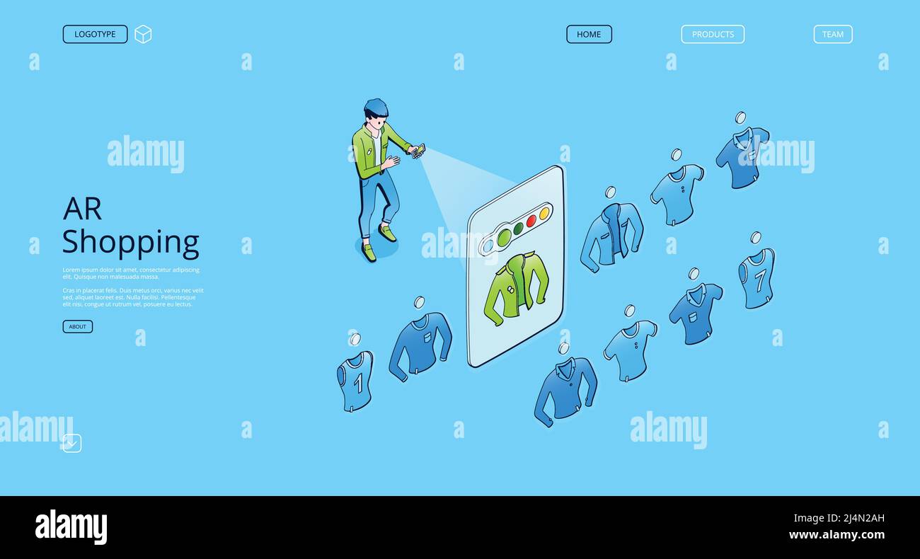 AR shopping isometric landing page. Augmented reality technologies, smart app for mobile phone with virtual apparel store catalog. Man customer choose Stock Vector