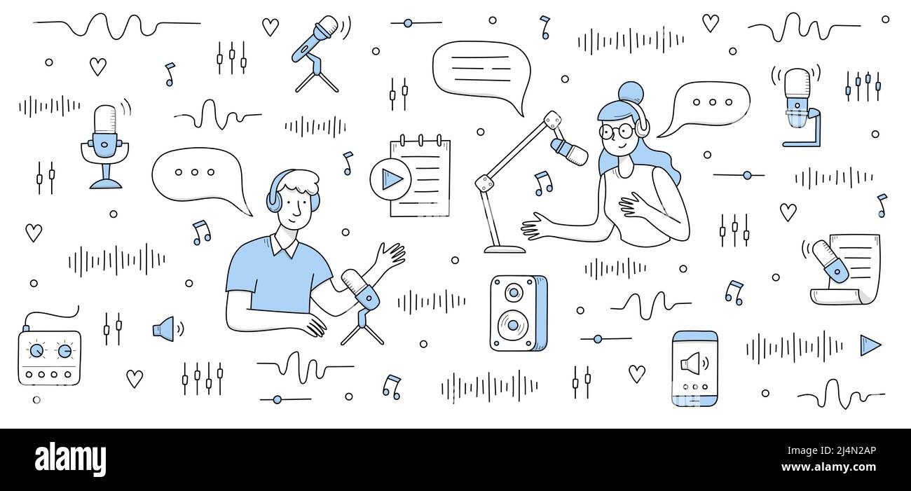 People in headphones record podcast with microphones and sound studio